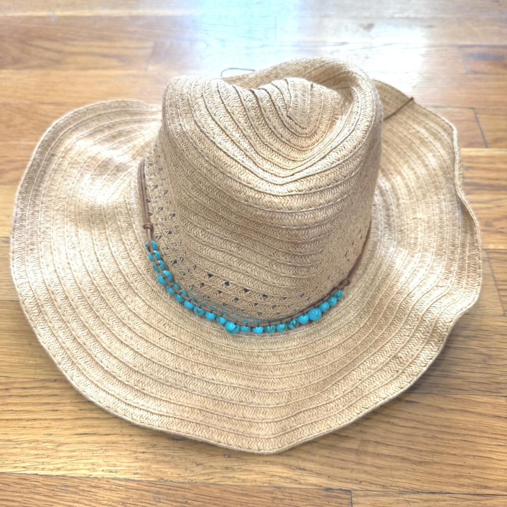Natural Woven Straw Cowboy Hat Turquoise Bead Accent Wide Floppy Brim Boho Tan